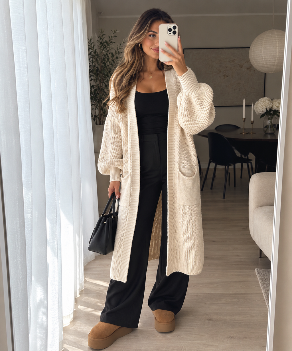 Long Strick-Cardigan mit Ballonärmeln – Made in Italy