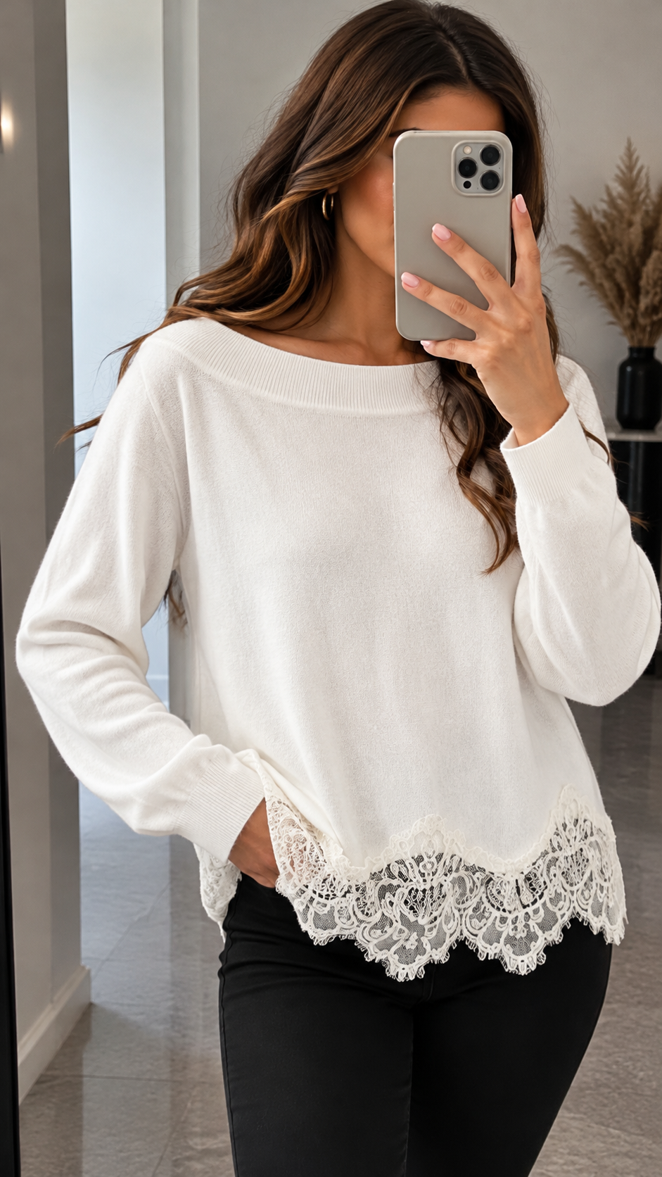 Damen Strickpullover mit Spitzensaum – Eleganter Pullover