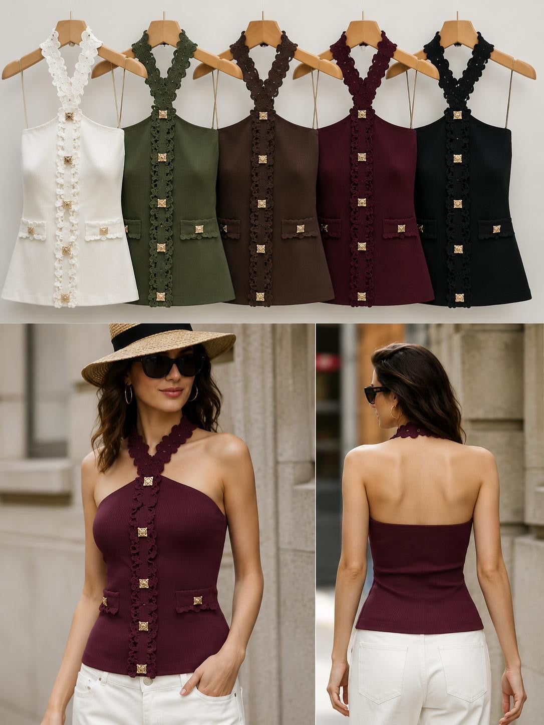 Ärmelloses Strick-Halterneck-Top mit Spitze & Schmuckknöpfen