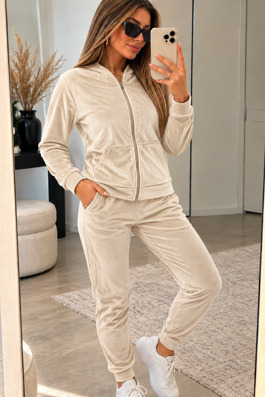 Damen Velours Jogginganzug mit Kapuze