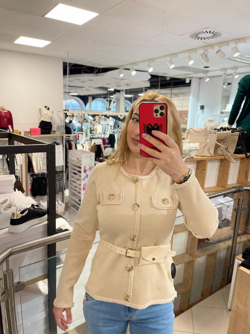 CHAQUETA DE PUNTO FINO CON CINTURÓN