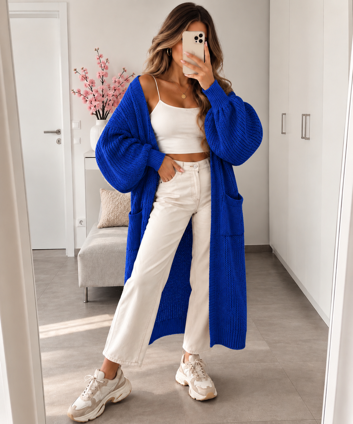 Long Strick-Cardigan mit Ballonärmeln – Made in Italy