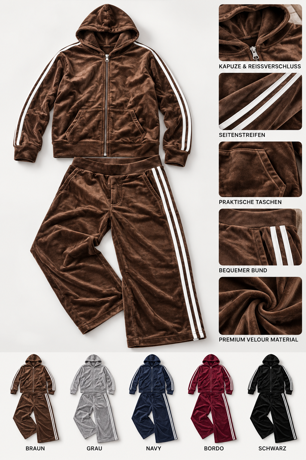 NIKI Velours Jogginganzug mit Kapuze & Streifen