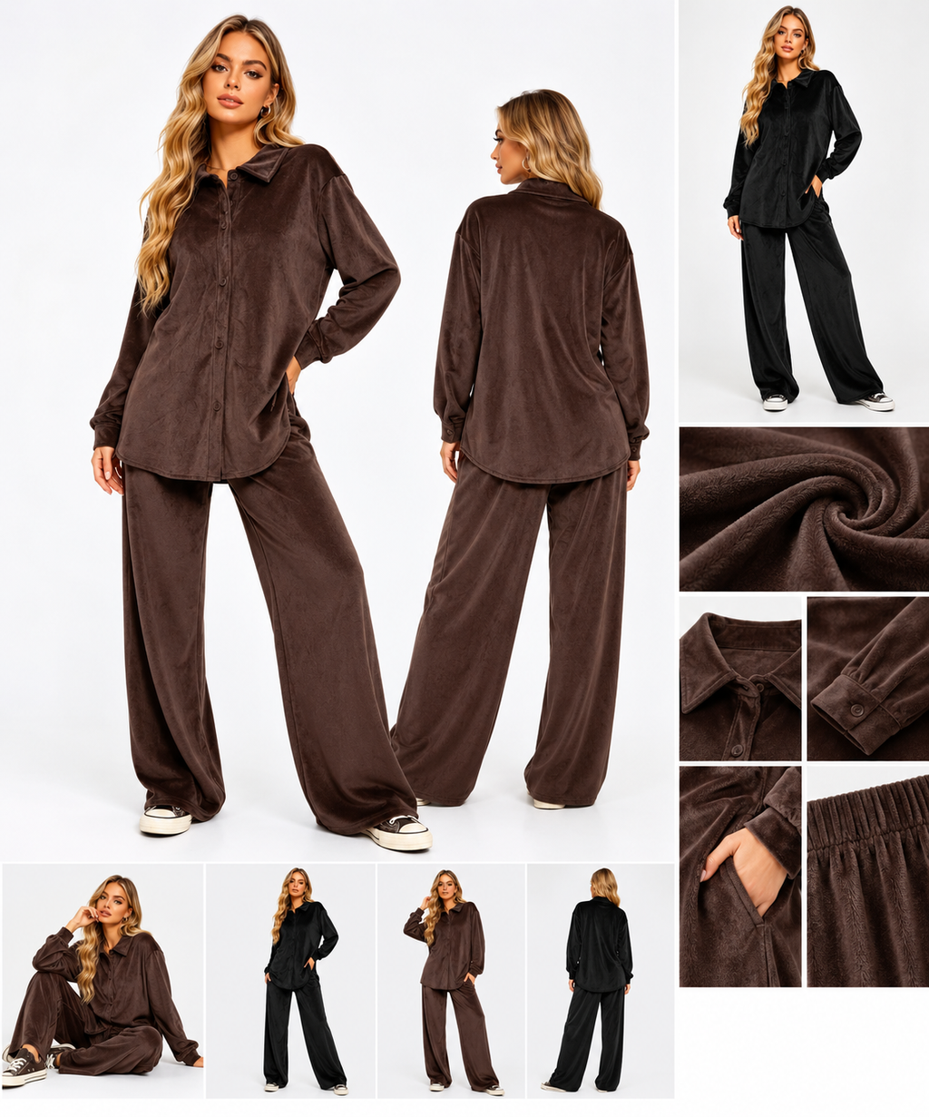 Damen Velours Zweiteiler – Oversize Hemd & Wide-Leg Hose