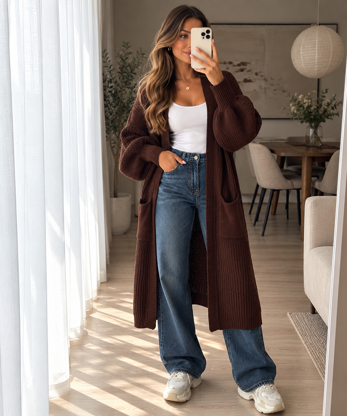 Long Strick-Cardigan mit Ballonärmeln – Made in Italy