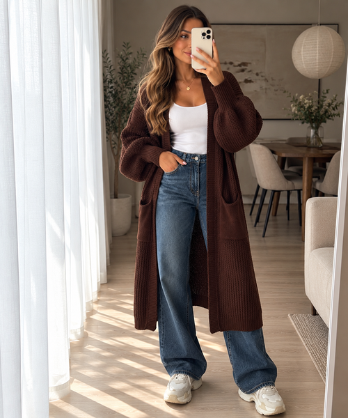 Long Strick-Cardigan mit Ballonärmeln – Made in Italy