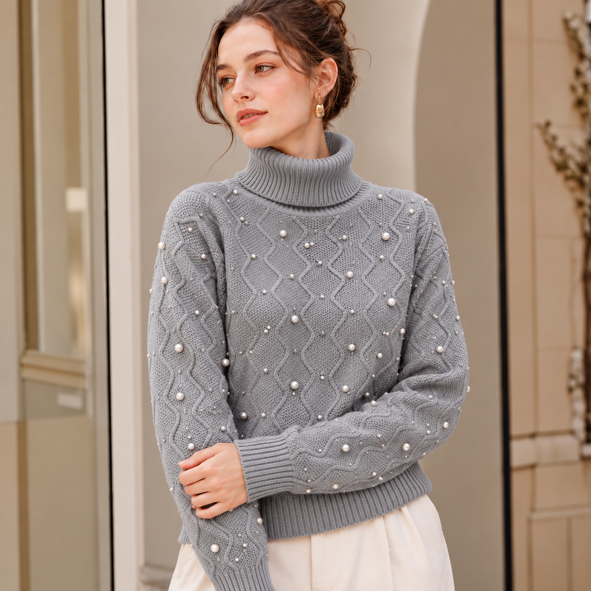Damen Rollkragenpullover mit Perlen
