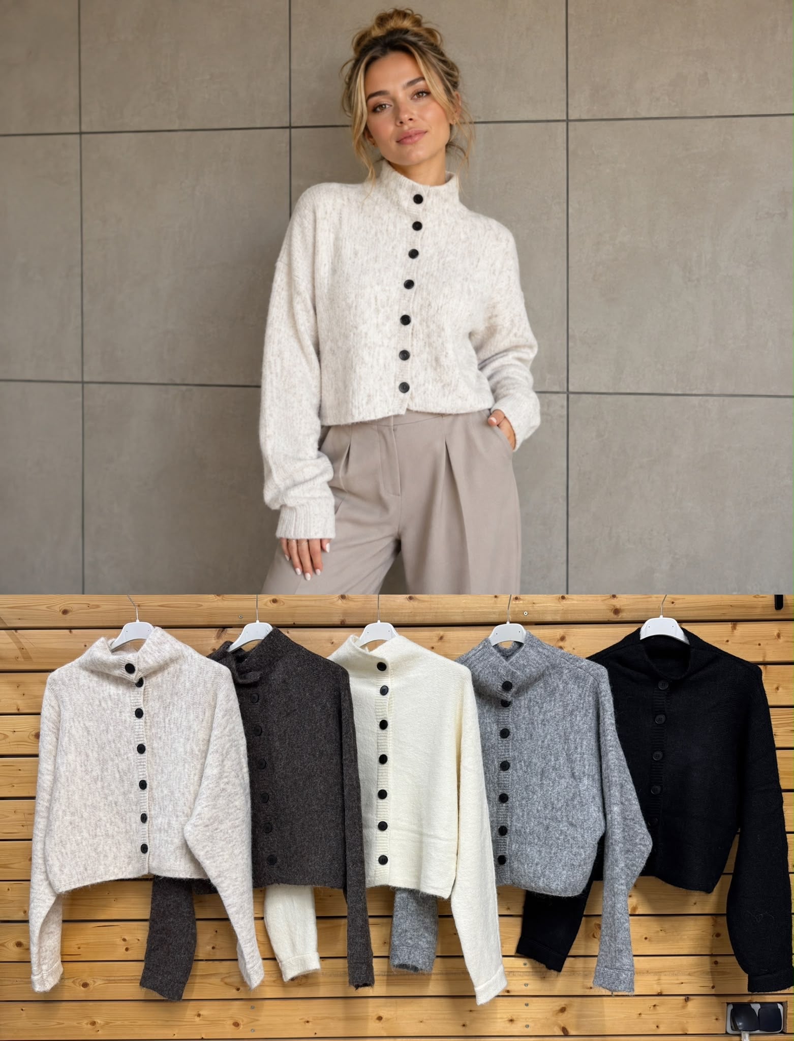 Feinstrick-Cardigan mit Stehkragen und Kontrastknöpfen