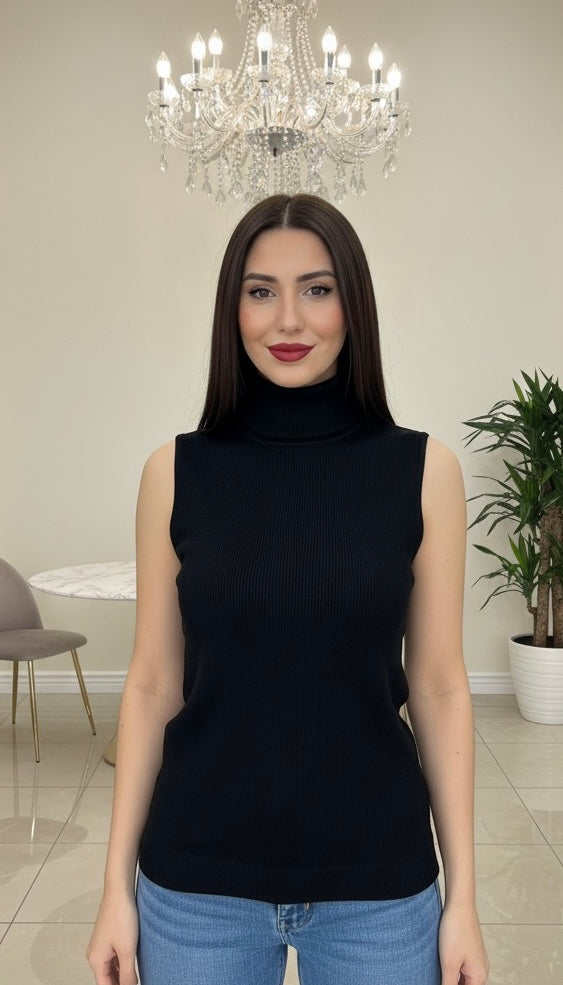 ÄRMELLOSER ROLLKRAGENPULLOVER AUS VISKOSE-STRICK SCHWARZ
