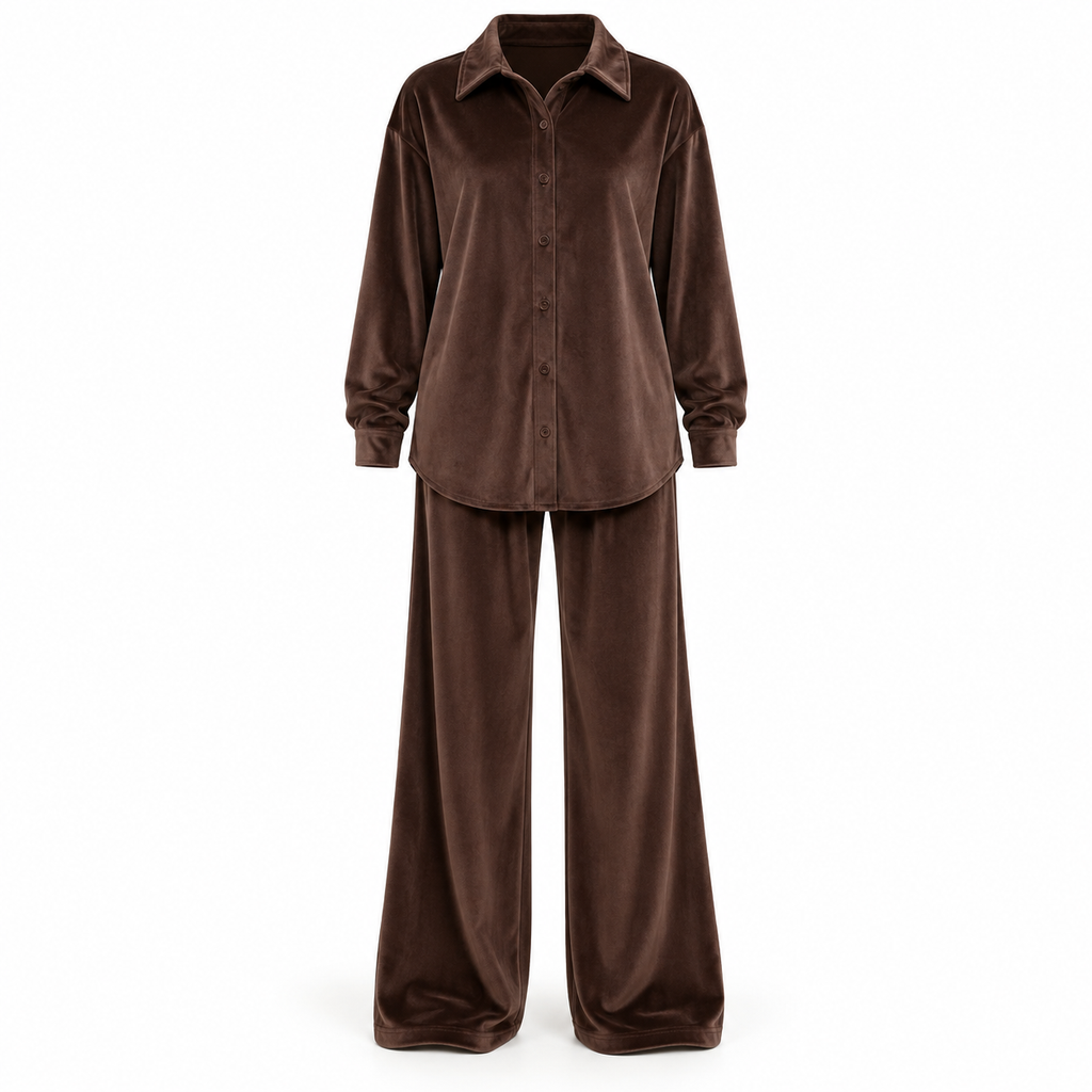 Damen Velours Zweiteiler – Oversize Hemd & Wide-Leg Hose