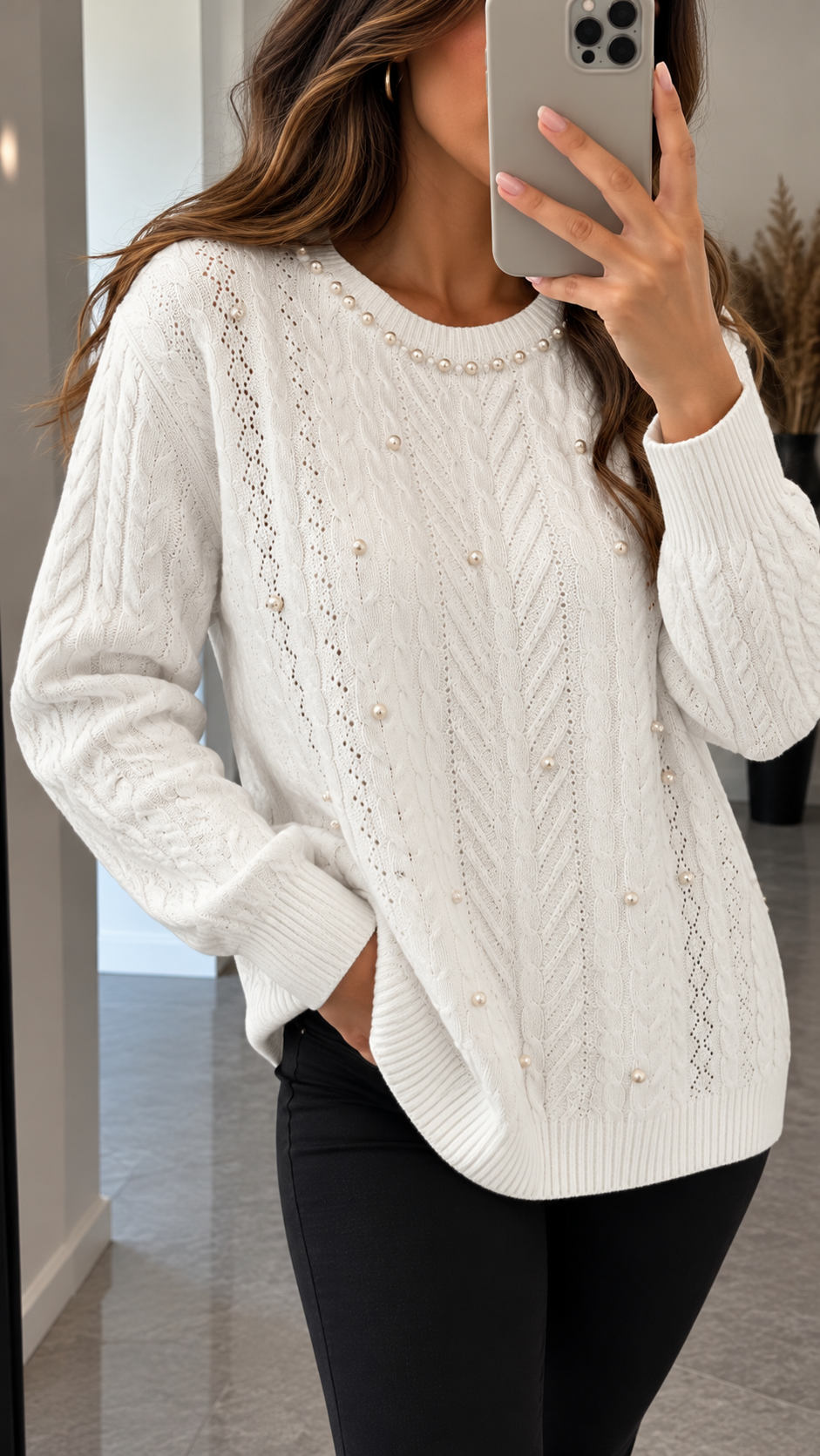 Damen Strickpullover mit Perlen & Zopfmuster