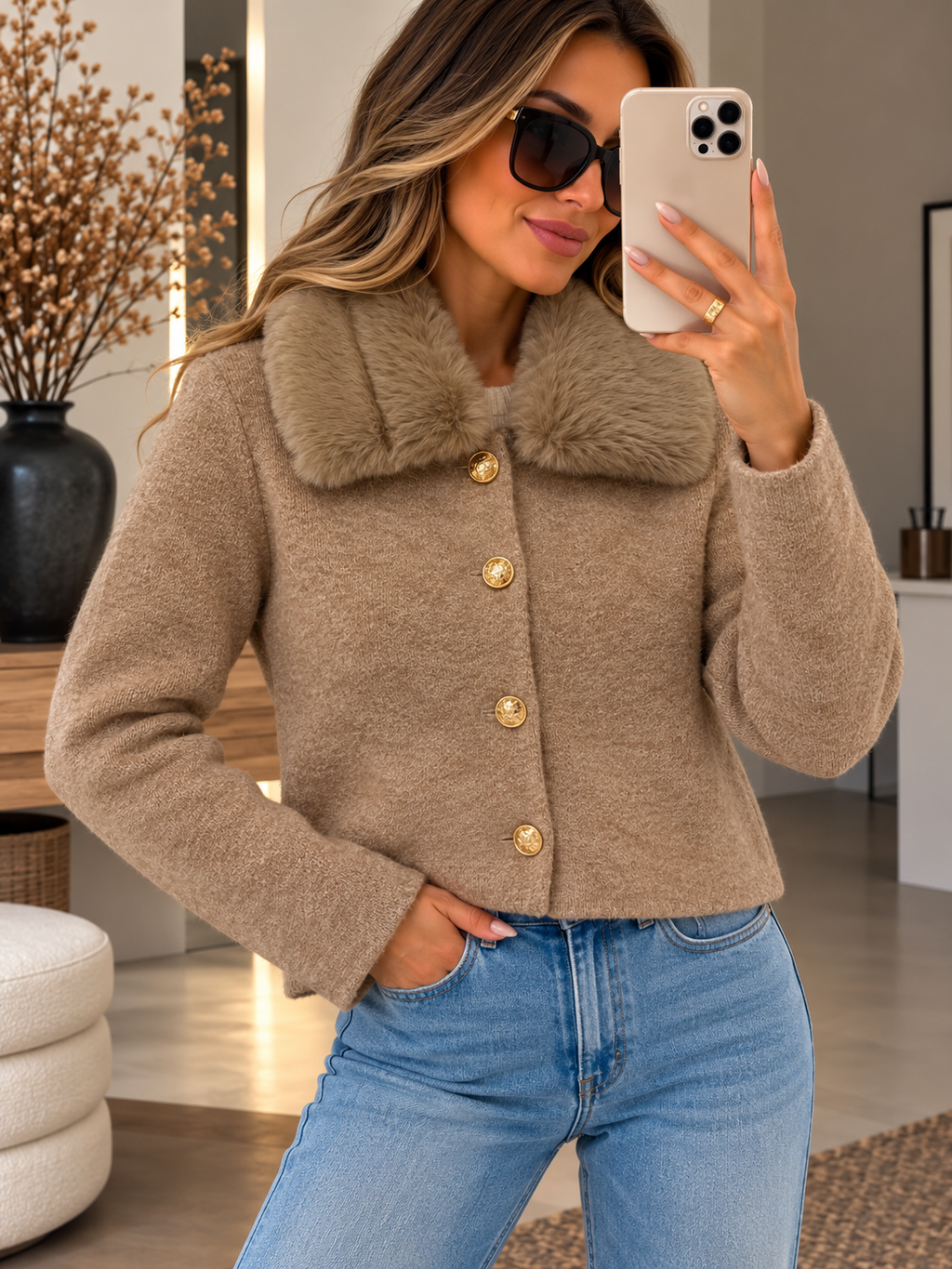Damen Strickjacke mit Fellkragen und goldenen Knöpfen