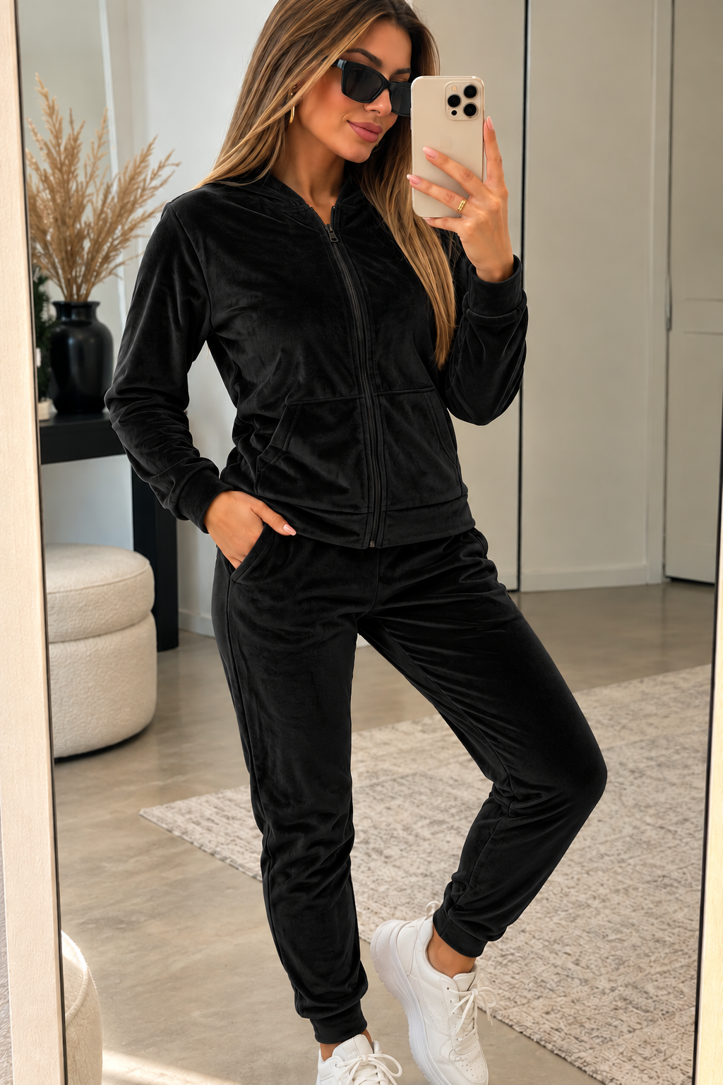 Damen Velours Jogginganzug mit Kapuze