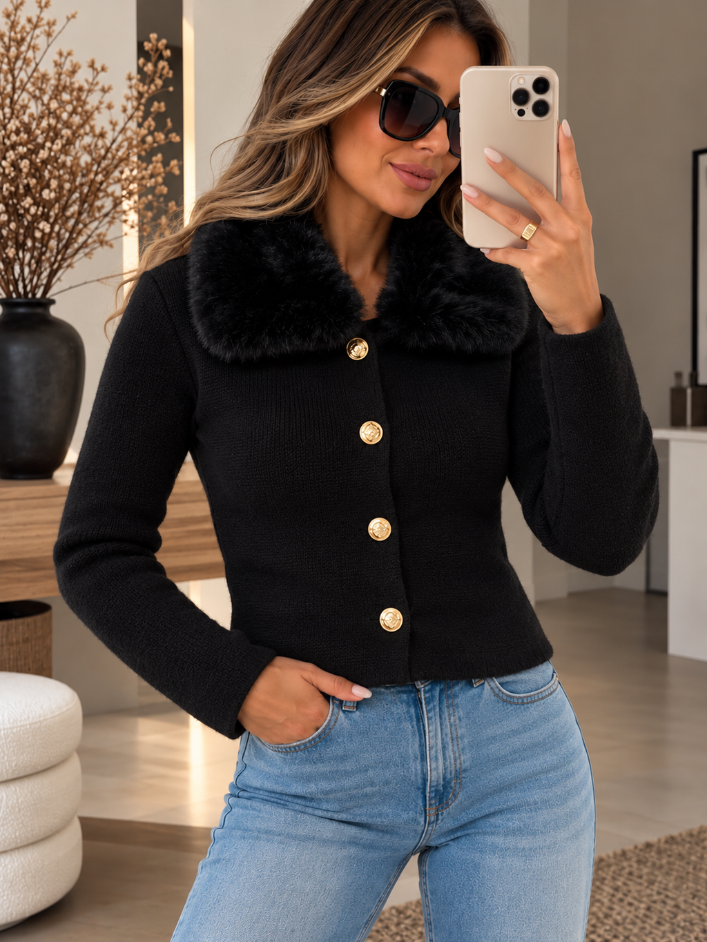 Damen Strickjacke mit Fellkragen und goldenen Knöpfen