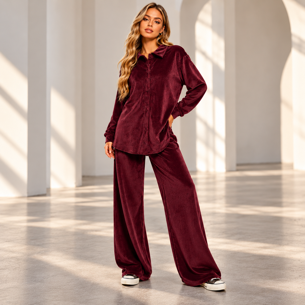 Damen Velours Zweiteiler – Oversize Hemd & Wide-Leg Hose