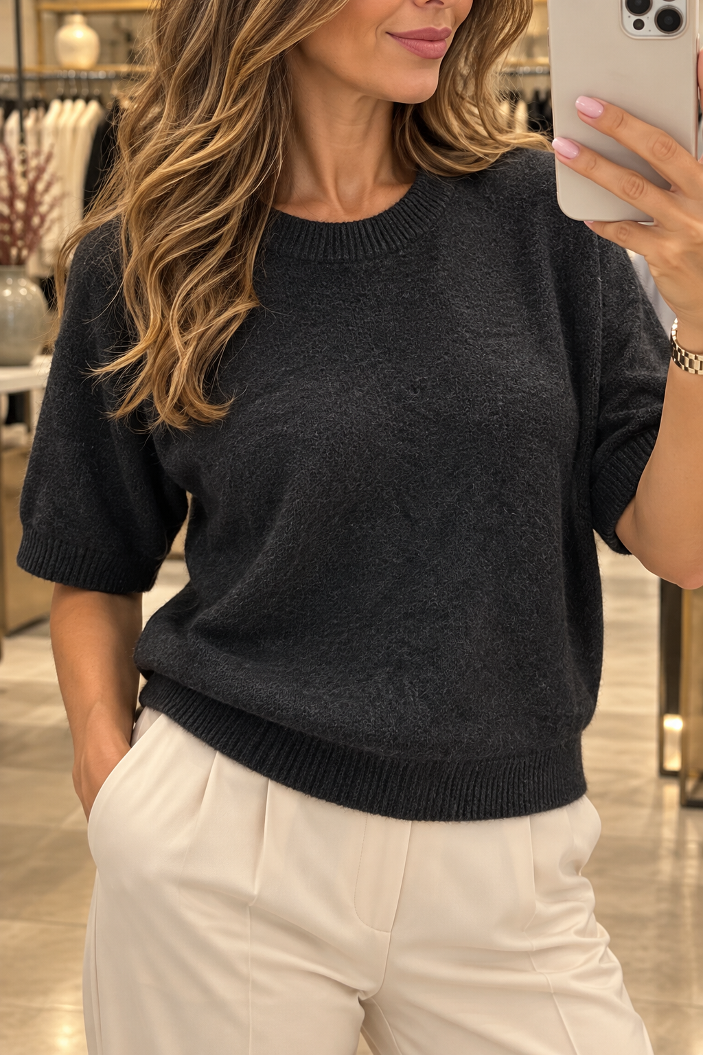 Damen Flausch-Strickpullover mit kurzen Ärmeln