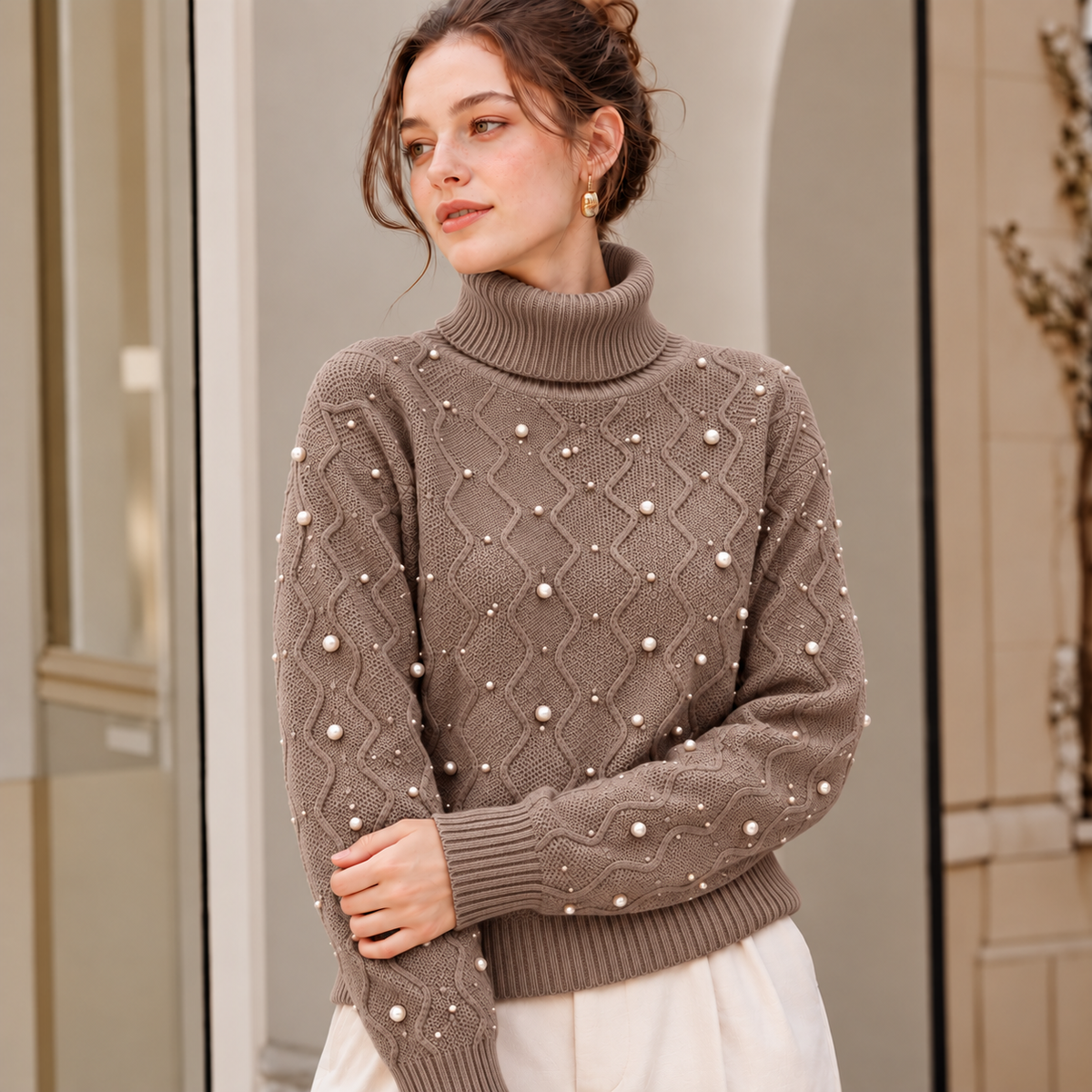 Damen Rollkragenpullover mit Perlen