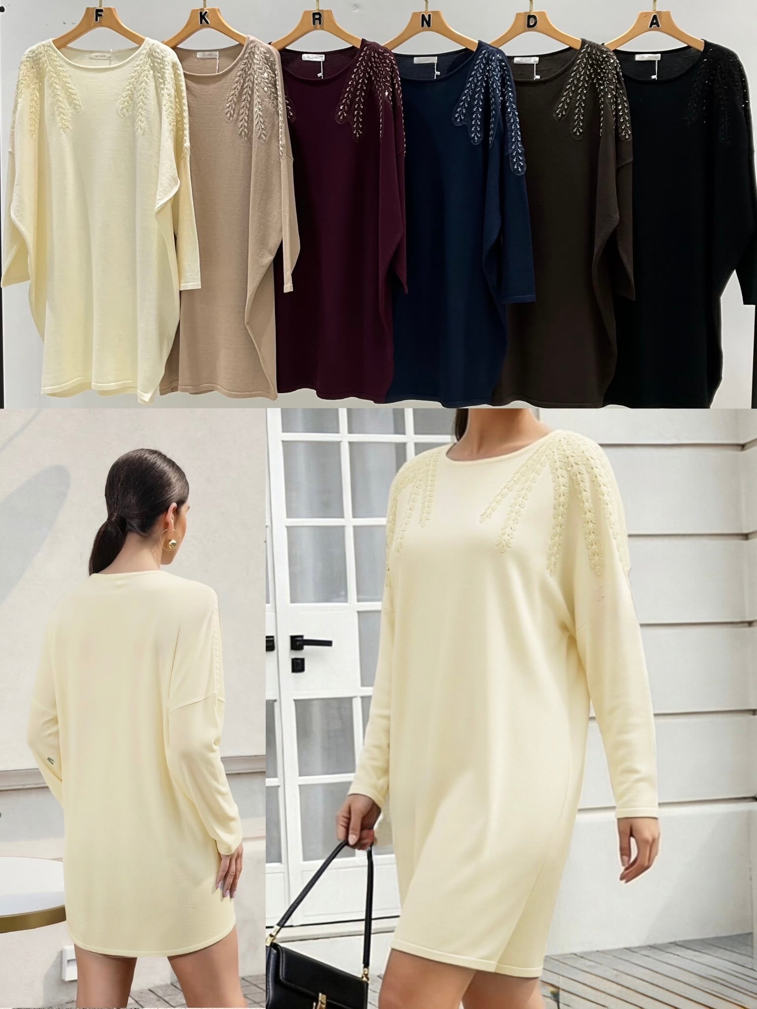 Pulloverkleid mit edler Schulterstickerei
