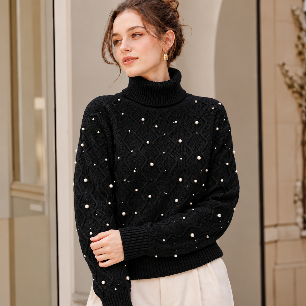 Damen Rollkragenpullover mit Perlen