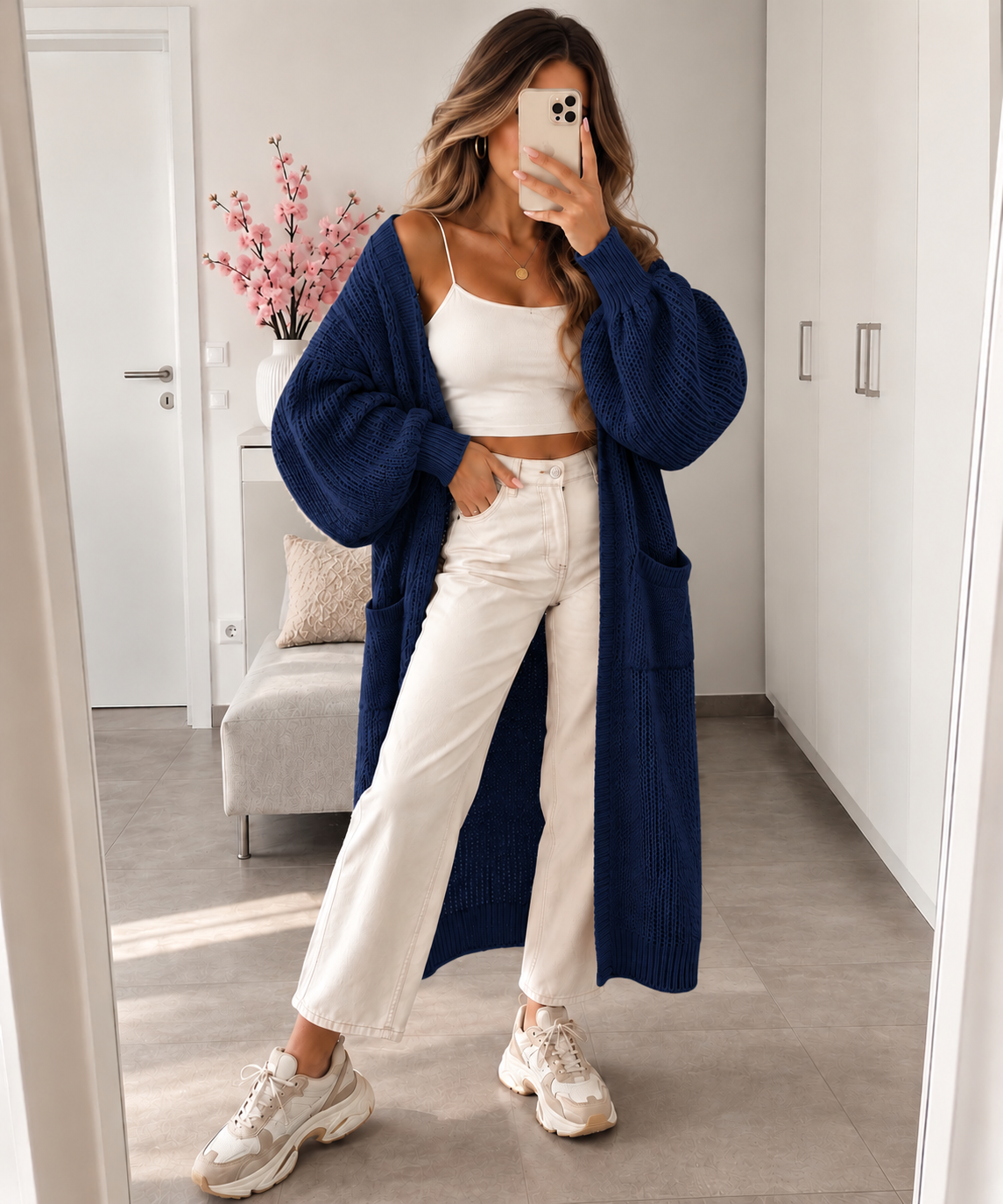 Long Strick-Cardigan mit Ballonärmeln – Made in Italy