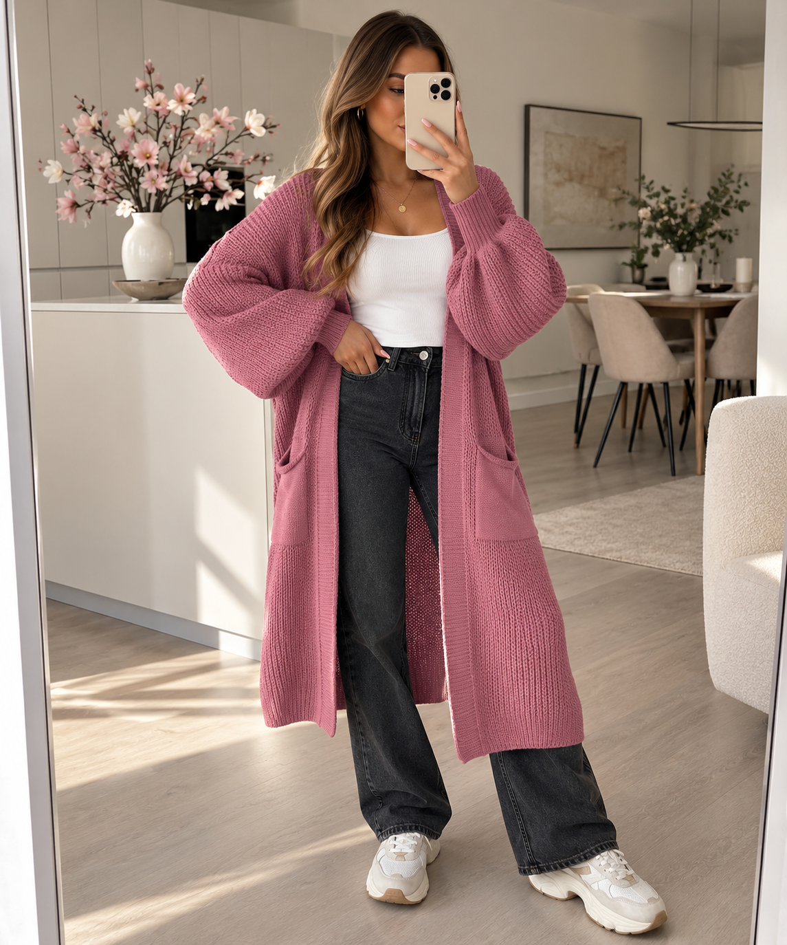 Long Strick-Cardigan mit Ballonärmeln – Made in Italy