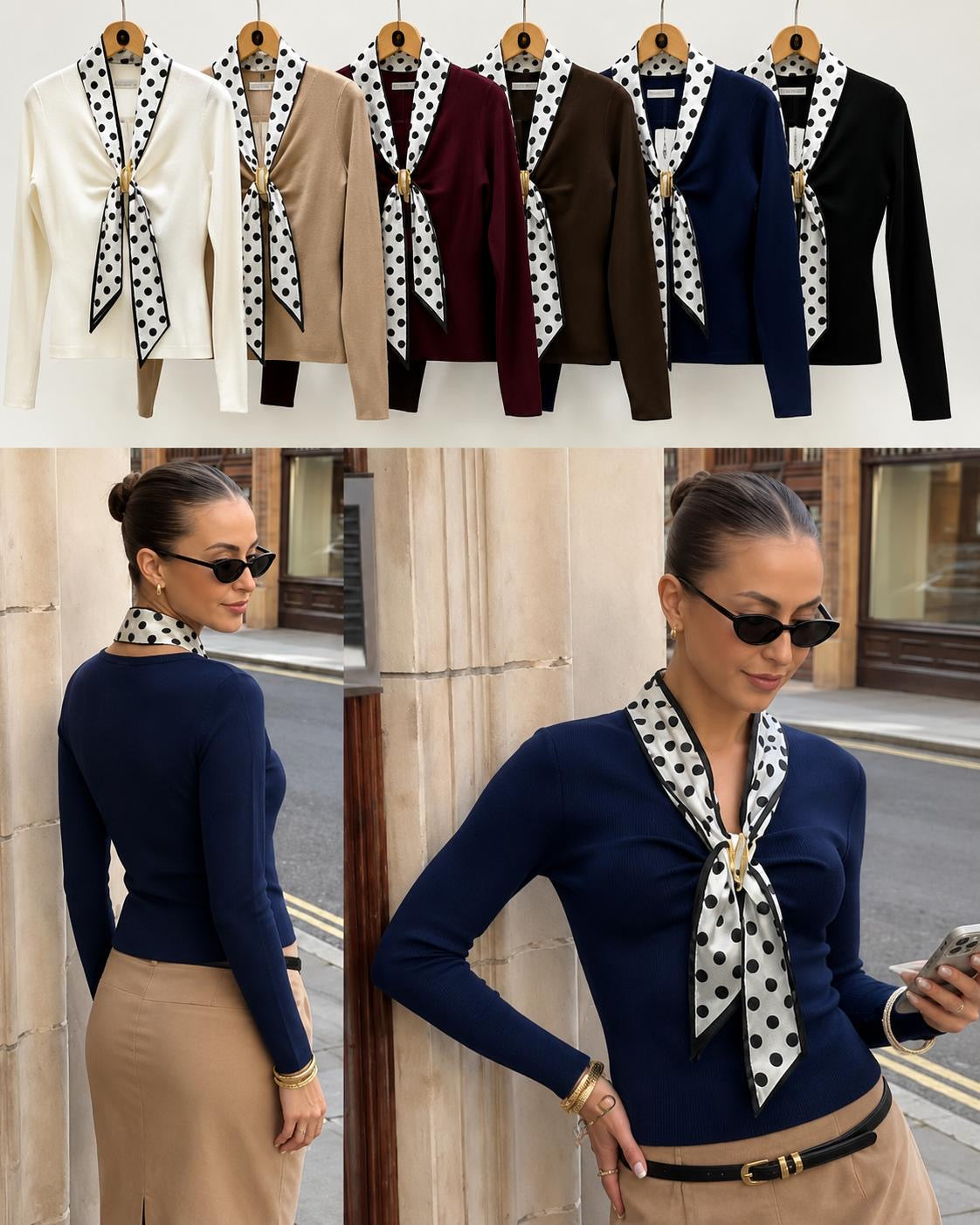 Feinstrick-Langarmshirt mit gepunktetem Schal-Detail & Goldschnalle