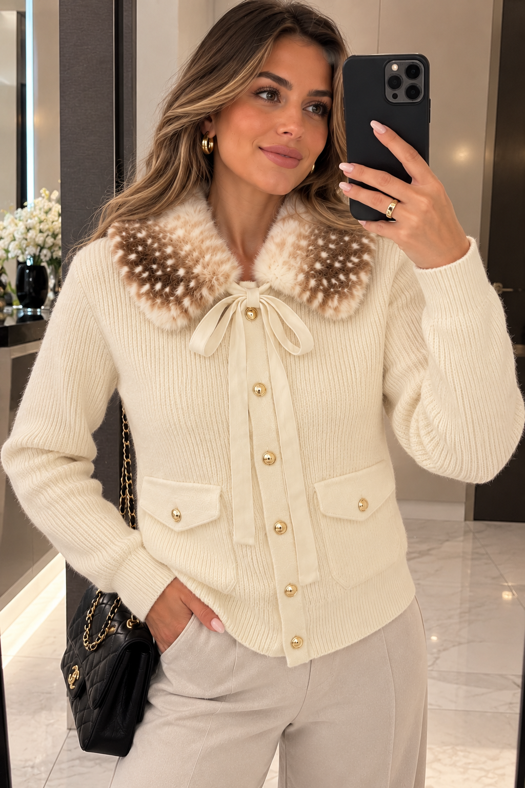 Elegante Strickjacke mit kuscheligem Fellkragen
