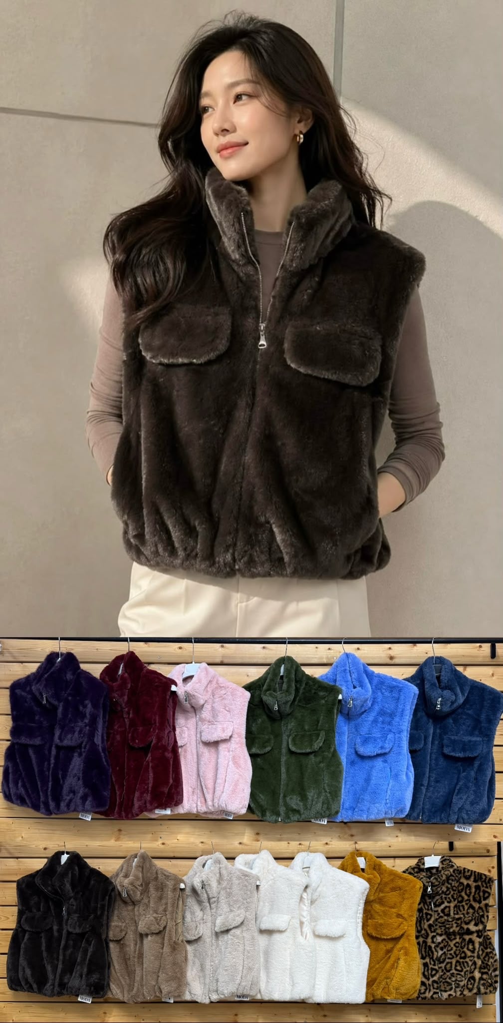 Damen Kunstfell-Weste mit Stehkragen & Brusttaschen Cozy Plush Faux-Fur Weste mit Reißverschluss