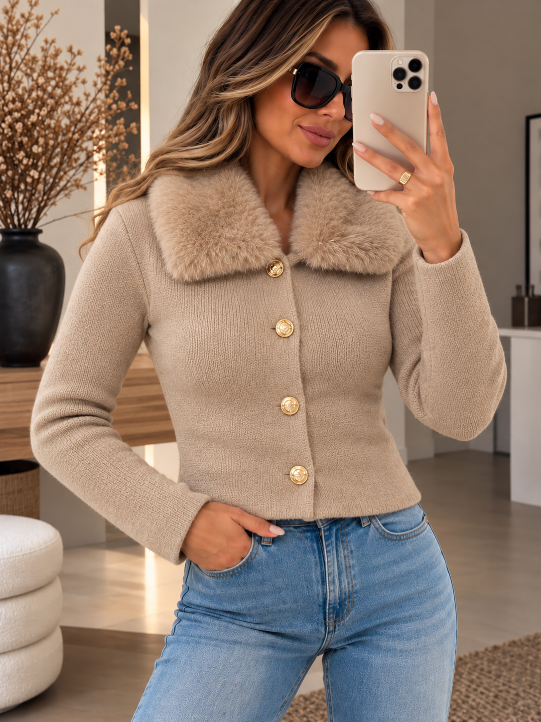 Damen Strickjacke mit Fellkragen und goldenen Knöpfen