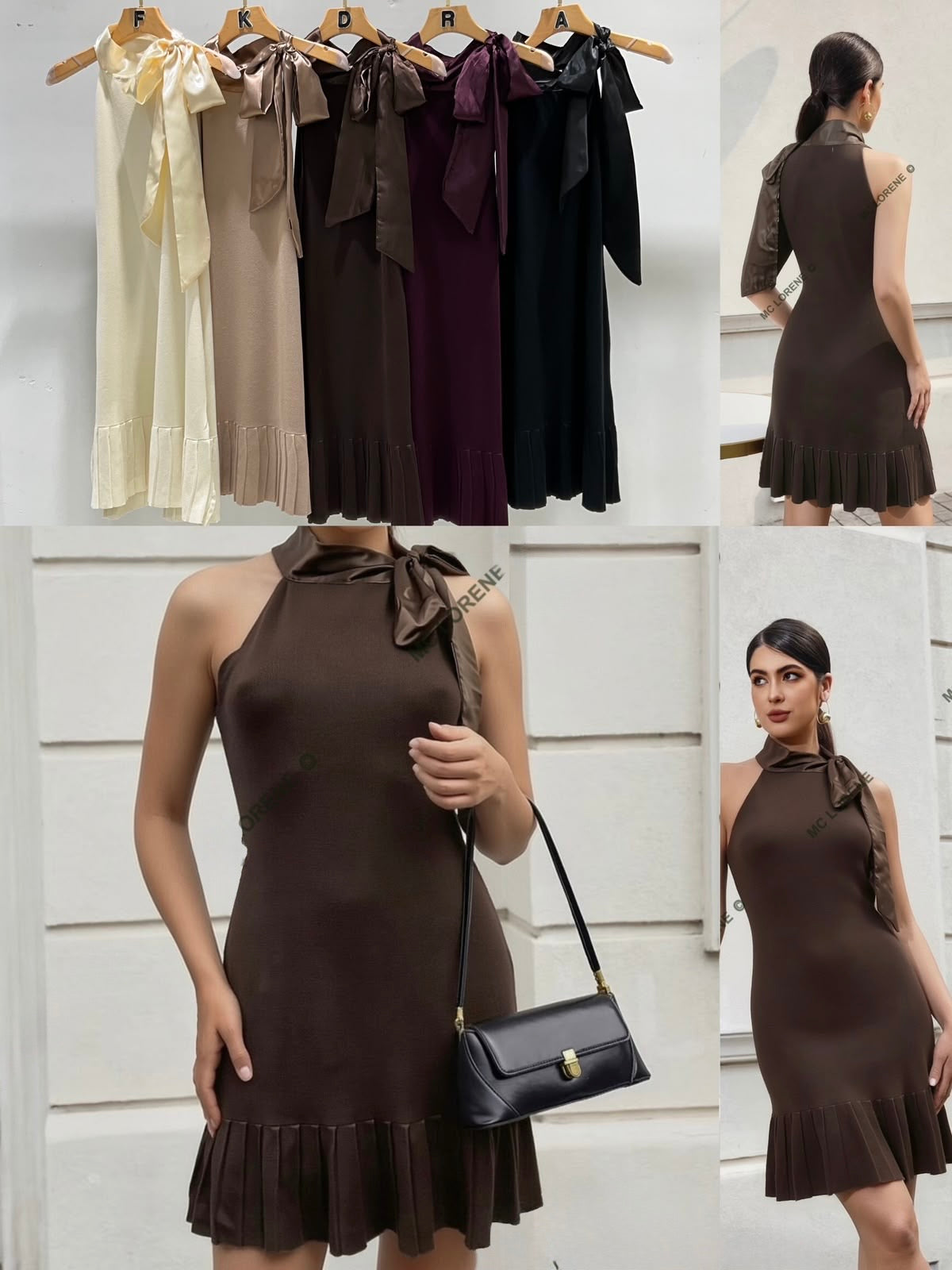 Elegantes Neckholder-Strickkleid mit Satin-Schleife & Plissee-Saum