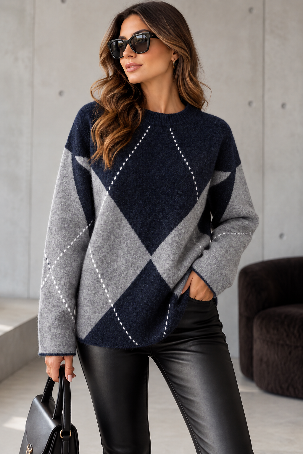 Damen Strickpullover mit Rauten-Muster Argyle Look