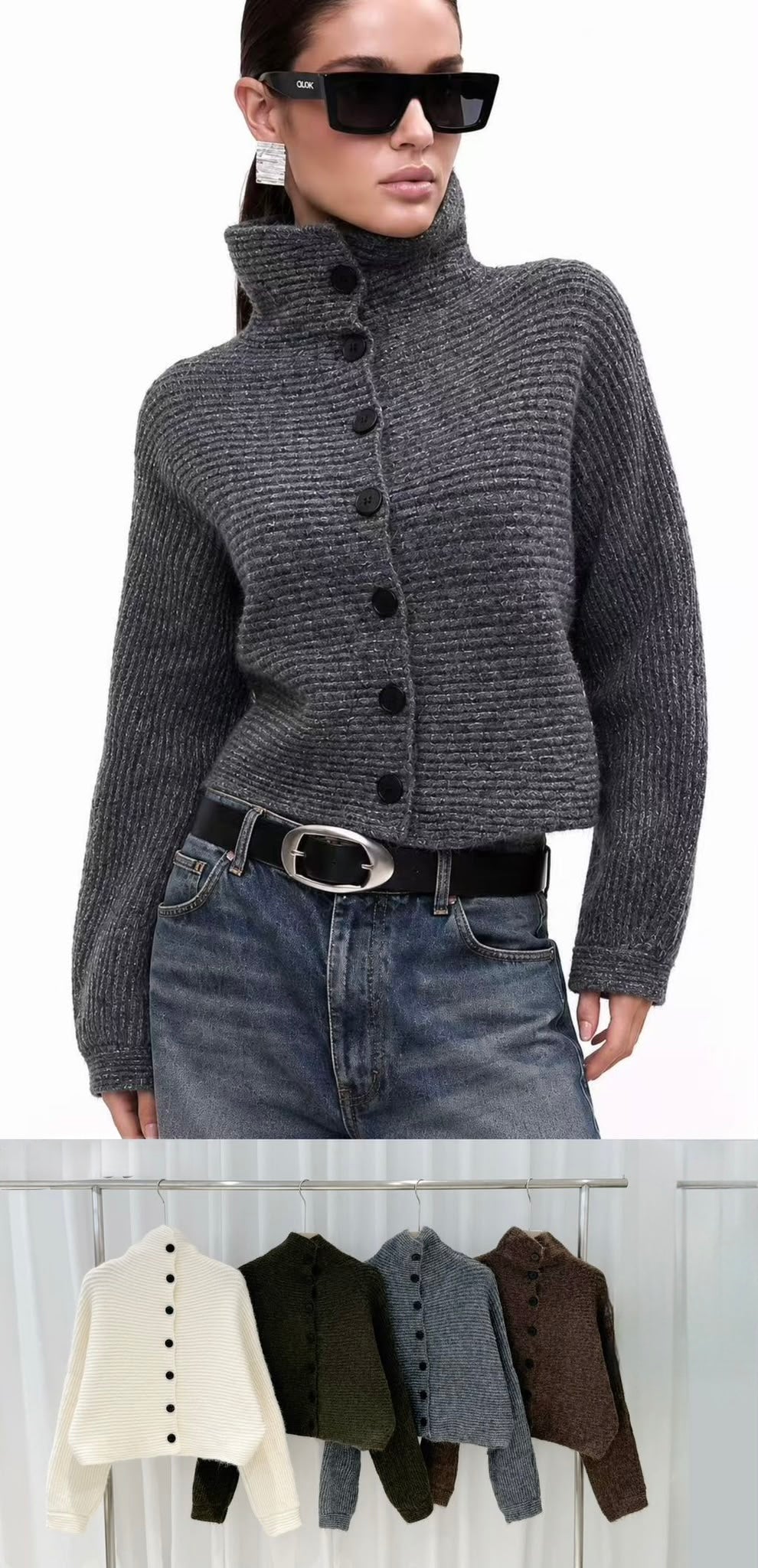 Cardigan mit hohem Stehkragen & Knopfleiste