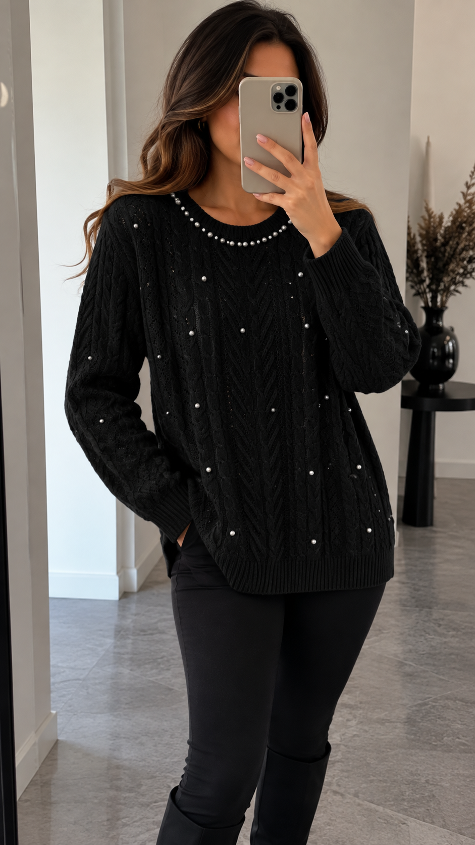 Damen Strickpullover mit Perlen & Zopfmuster