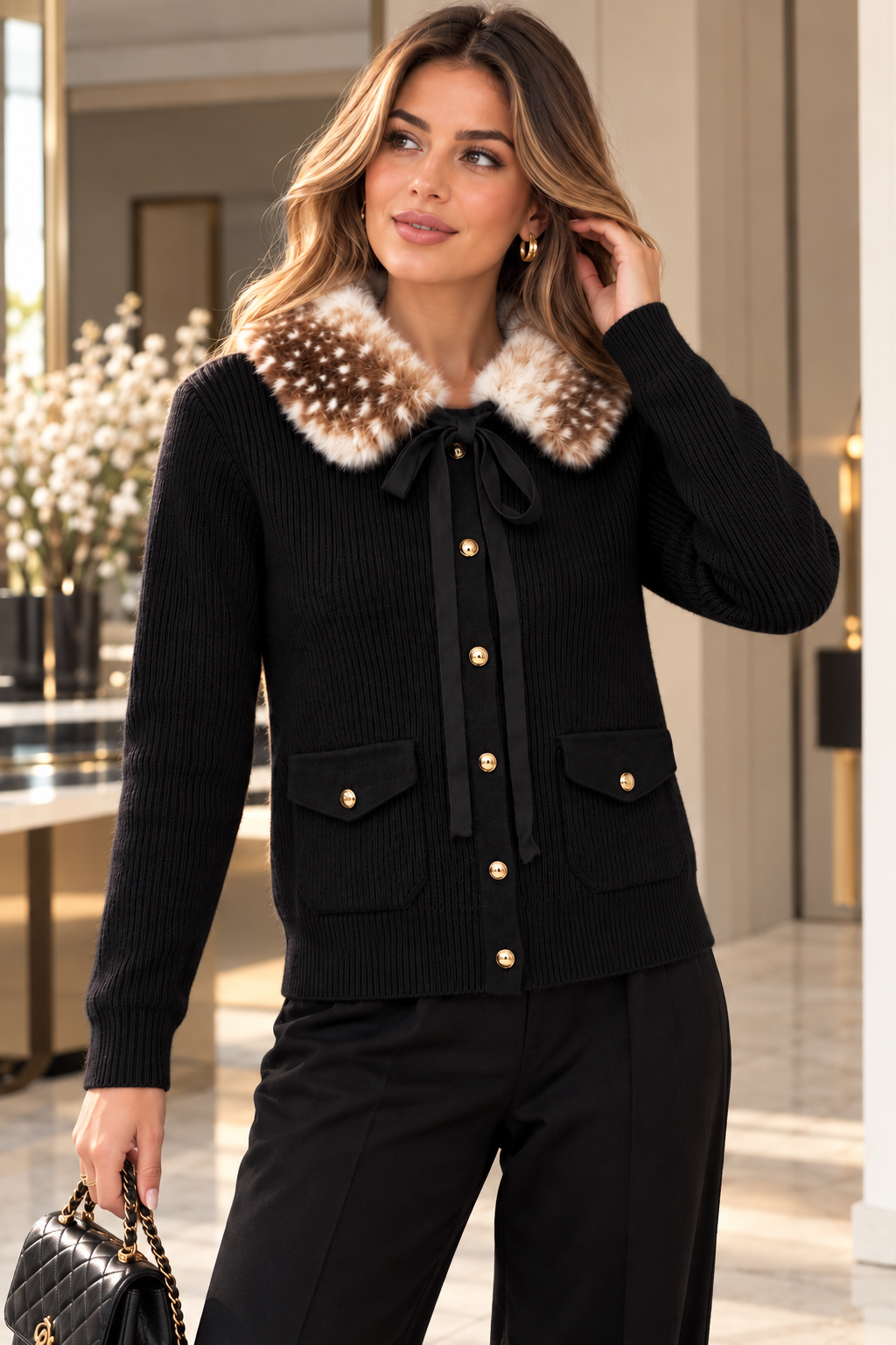 Elegante Strickjacke mit kuscheligem Fellkragen