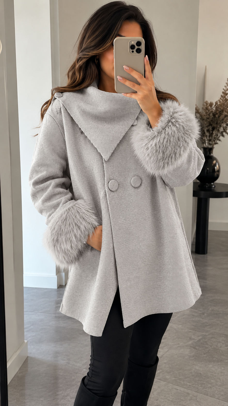 Damen Strickmantel mit Fellmanschetten | DANITY