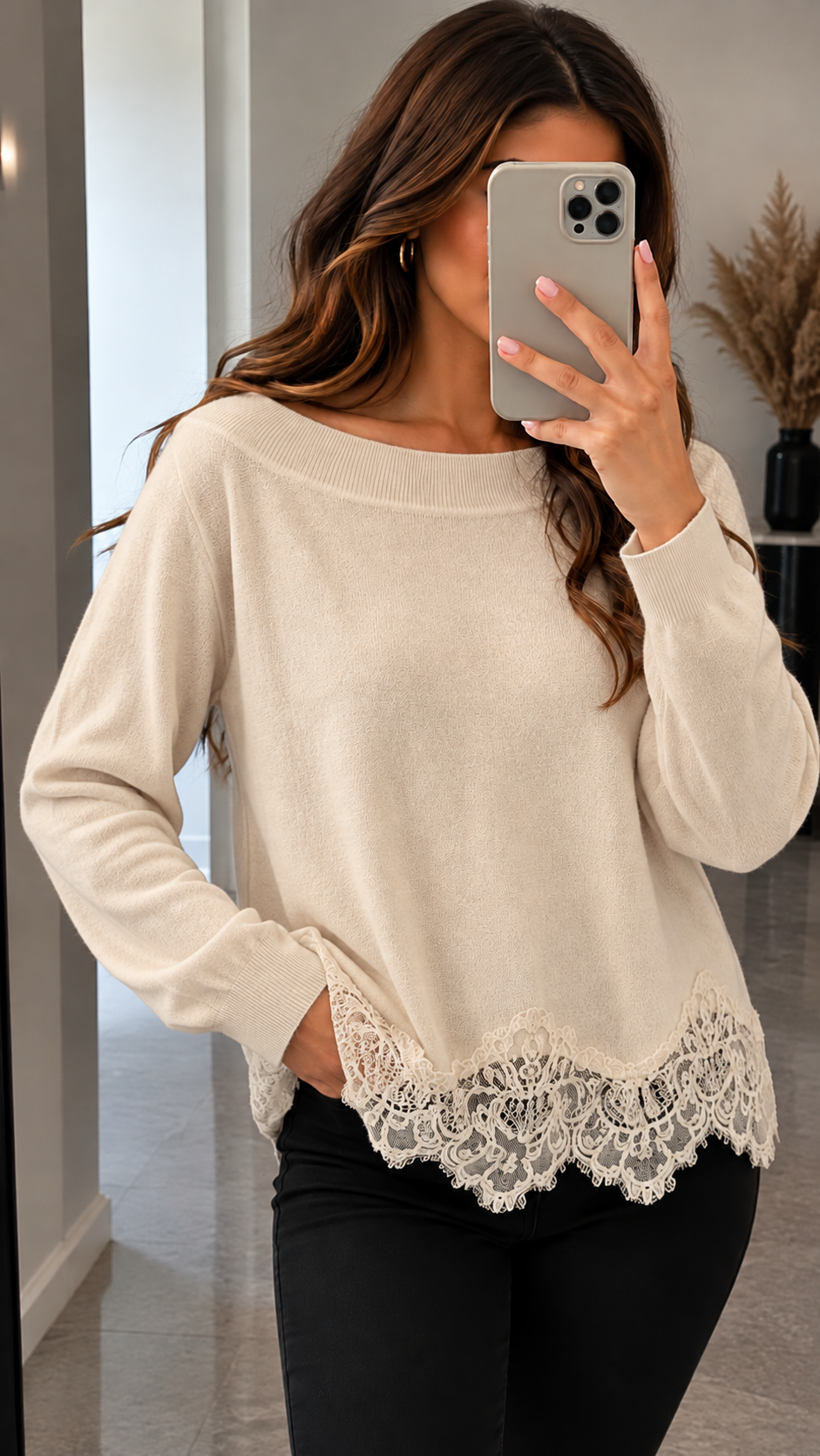 Damen Strickpullover mit Spitzensaum – Eleganter Pullover