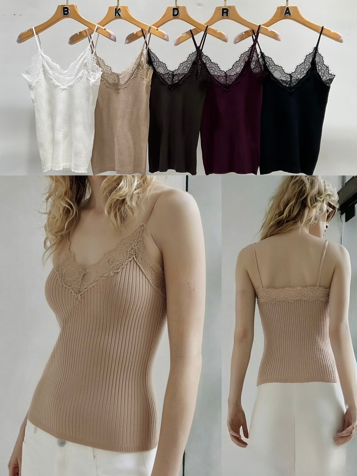 Damen-Rib-Stricktop mit filigranem Spitzenbesatz