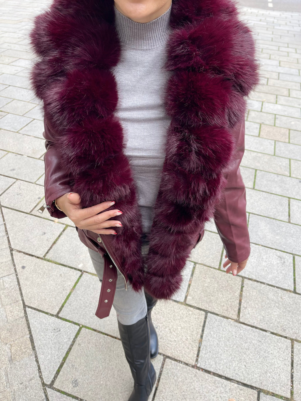 GEFÜTTERTE LEDERJACKE  MIT FELL Bordeaux
