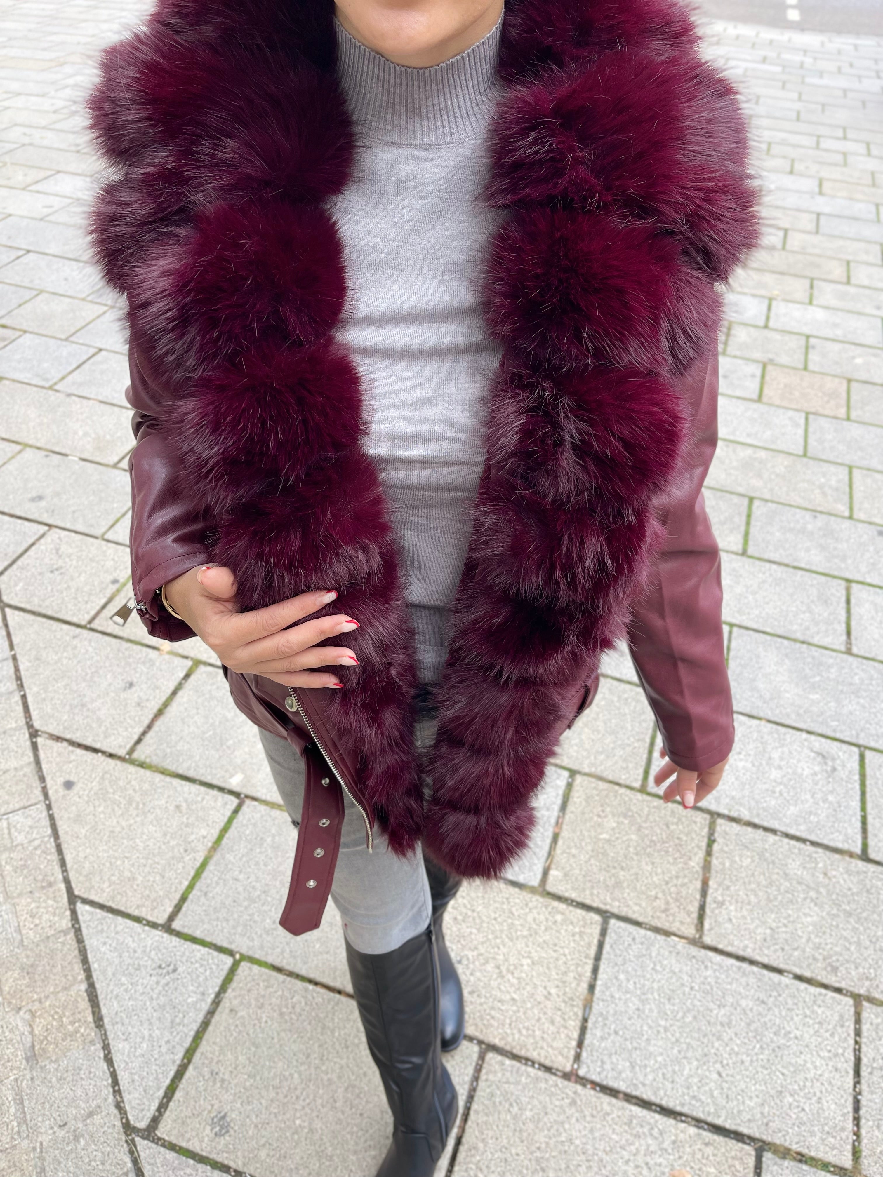 GEFÜTTERTE LEDERJACKE  MIT FELL Bordeaux