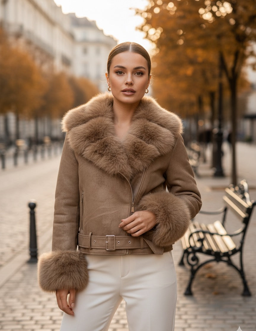 VELOURS OPTIK JACKE MIT FELLKRAGEN – SPORTLICH ELEGANT