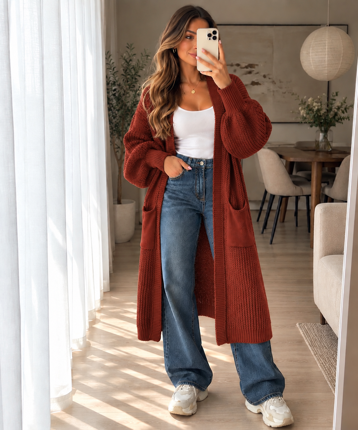 Long Strick-Cardigan mit Ballonärmeln – Made in Italy