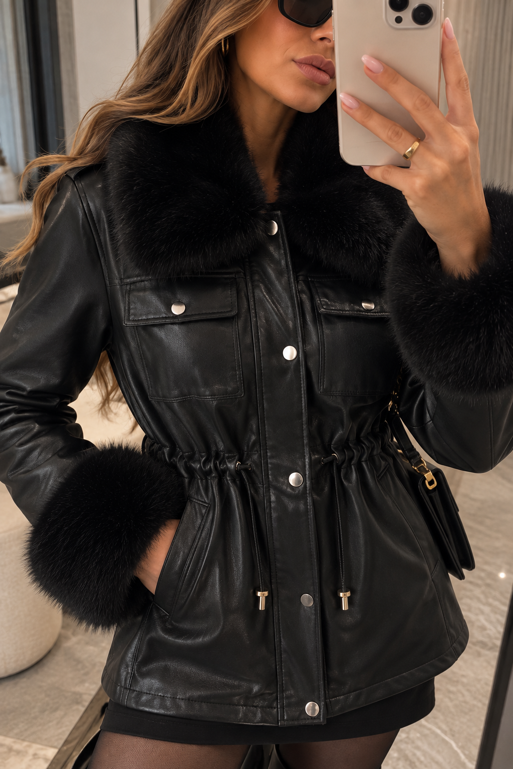 Schwarze Damen Kunstlederjacke mit Fellfutter und Taillenzug