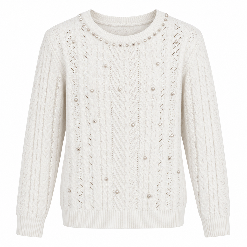 Damen Strickpullover mit Perlen & Zopfmuster