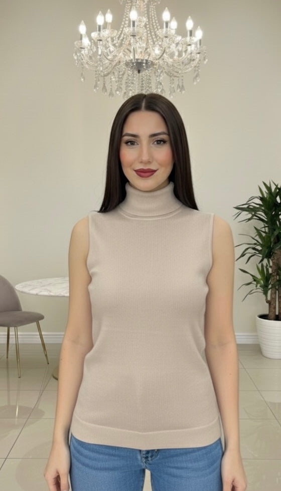 ÄRMELLOSER ROLLKRAGENPULLOVER AUS VISKOSE-STRICK BEIGE