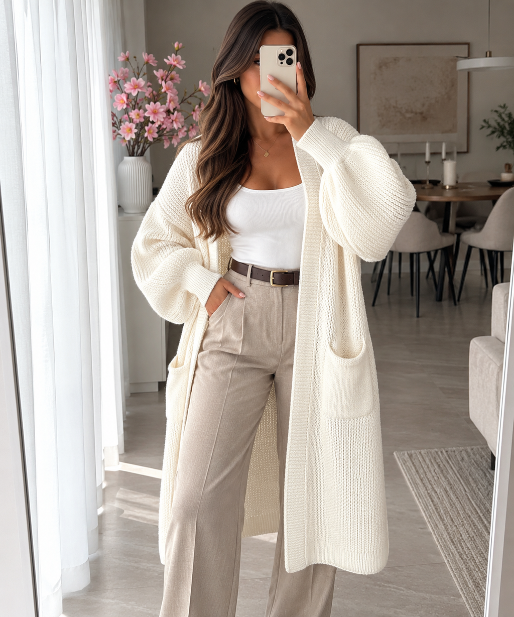 Long Strick-Cardigan mit Ballonärmeln – Made in Italy