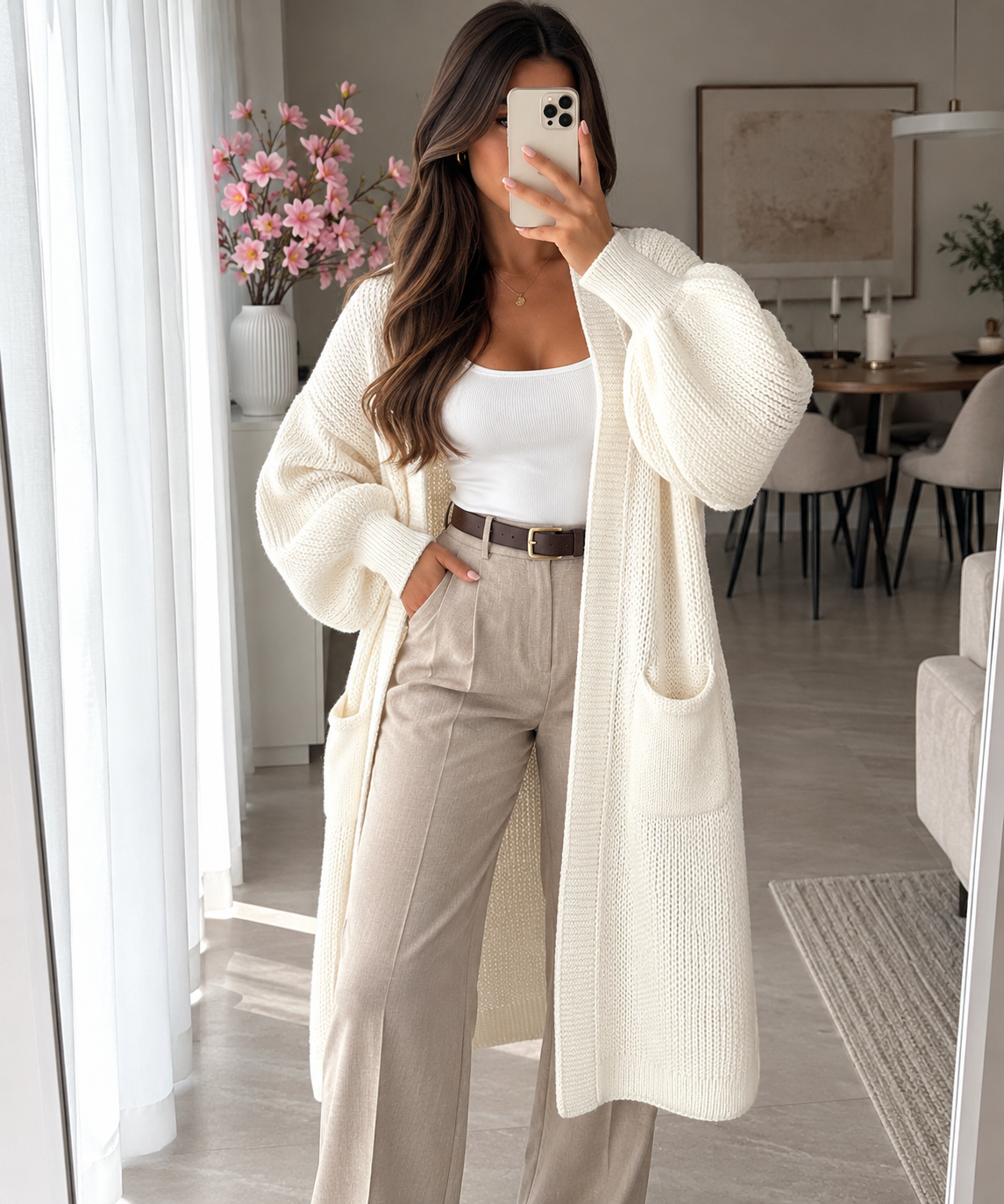 Long Strick-Cardigan mit Ballonärmeln – Made in Italy