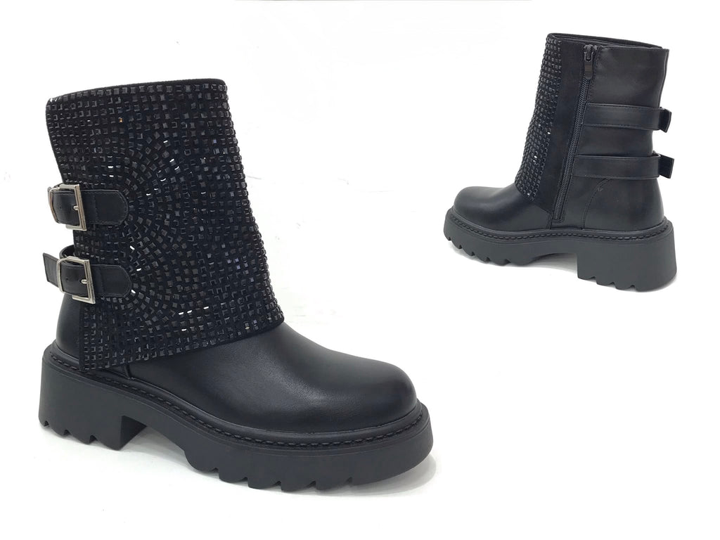 Damen Ankle Boots / Boots mit Strassbesatz und Schnallen
