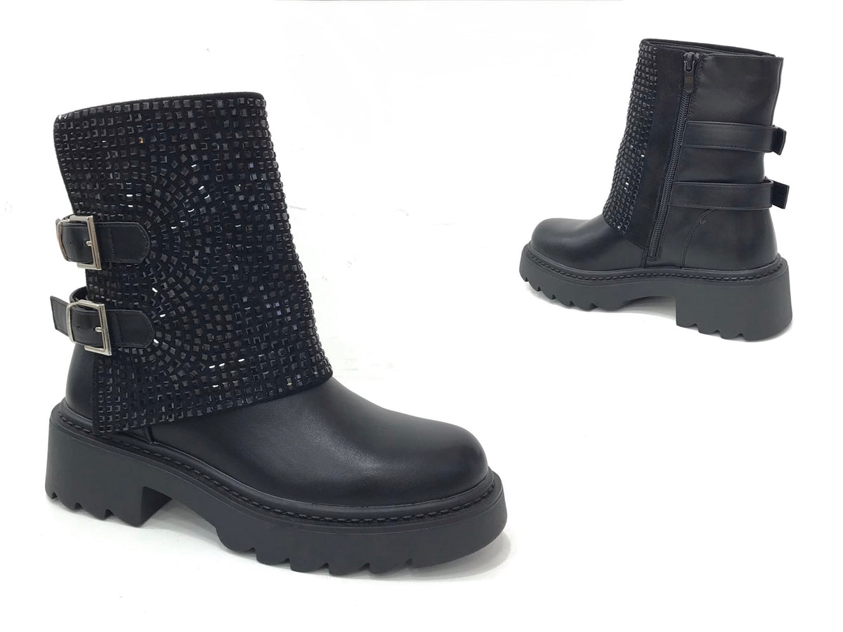 Damen Ankle Boots / Boots mit Strassbesatz und Schnallen