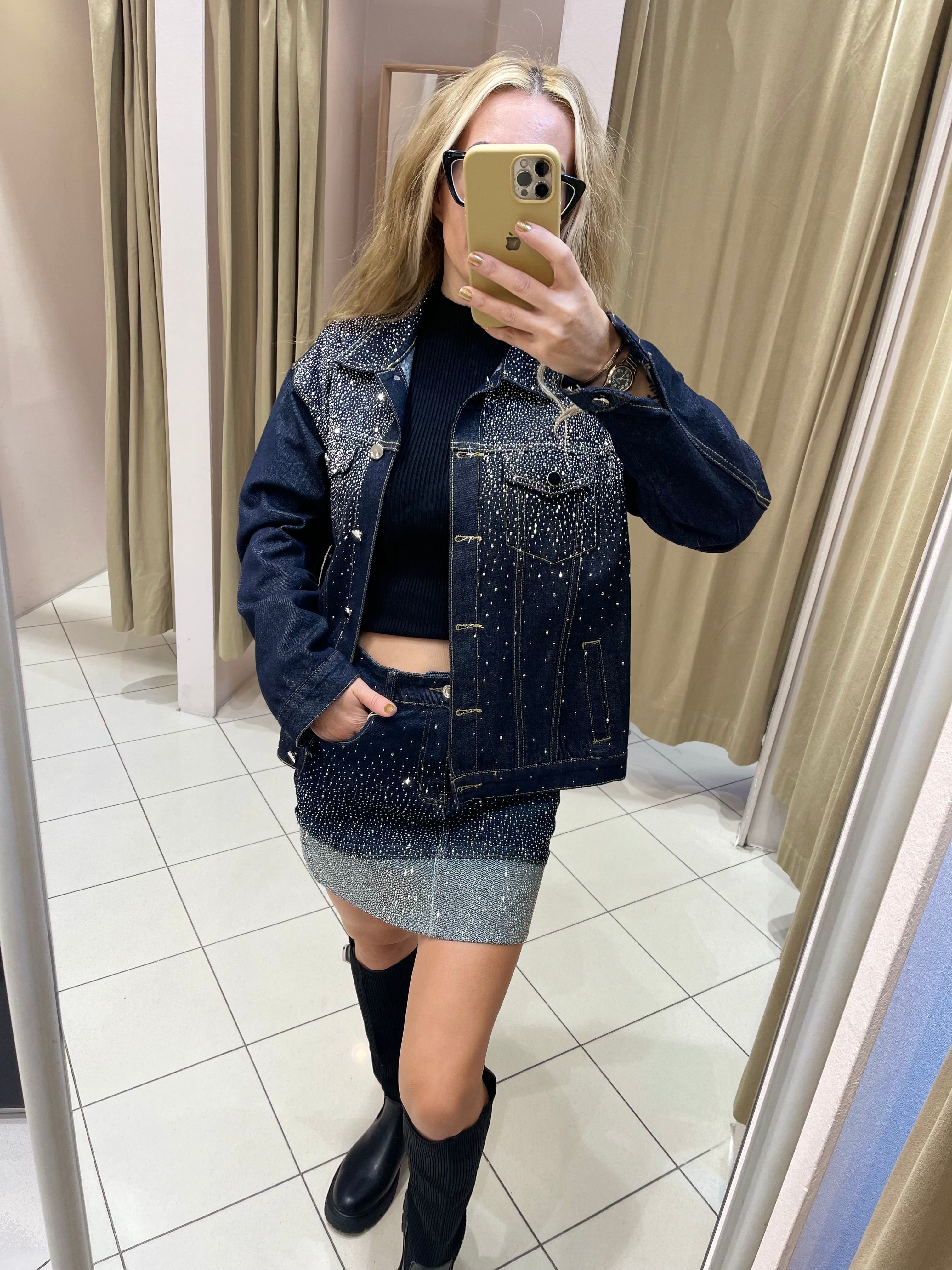 JEANS-MINIROCK MIT STRASSSTEINEN – DUNKELBLAU