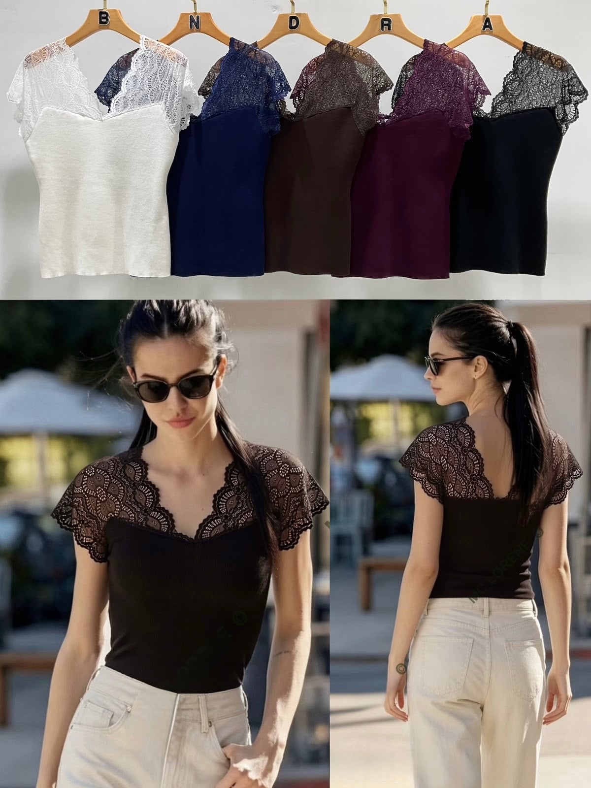 Elegantes Feinstrick-Top mit floraler Spitze & V-Ausschnitt